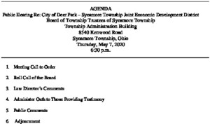 Icon of 05 07 2020 Agenda Public Hearing City Of Deer Park – Sycamore Township JEDD