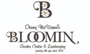 the letter B with white and yellow flowers and the words Denny McKeown's Bloomin Garden Centre & Landscaping