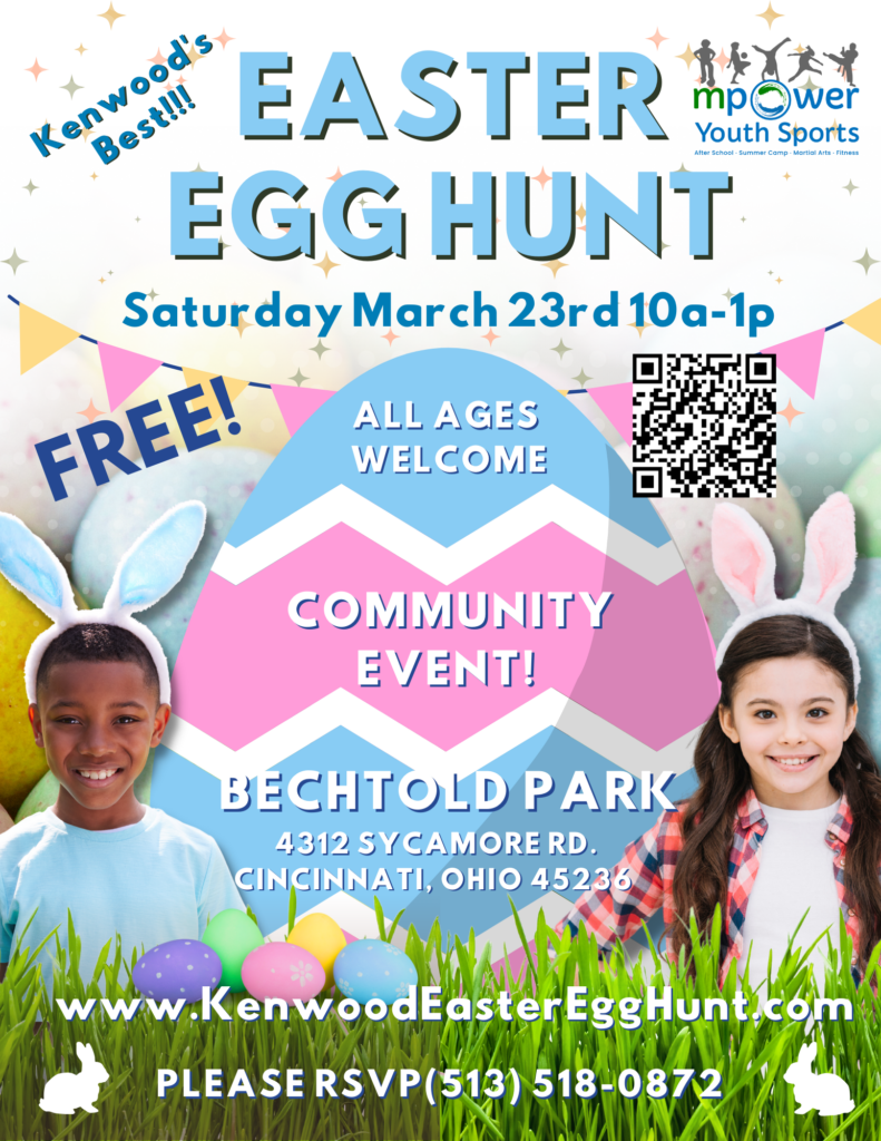 Easter Egg Hunt Flyer with blue and pink egg picture of boy and girl 