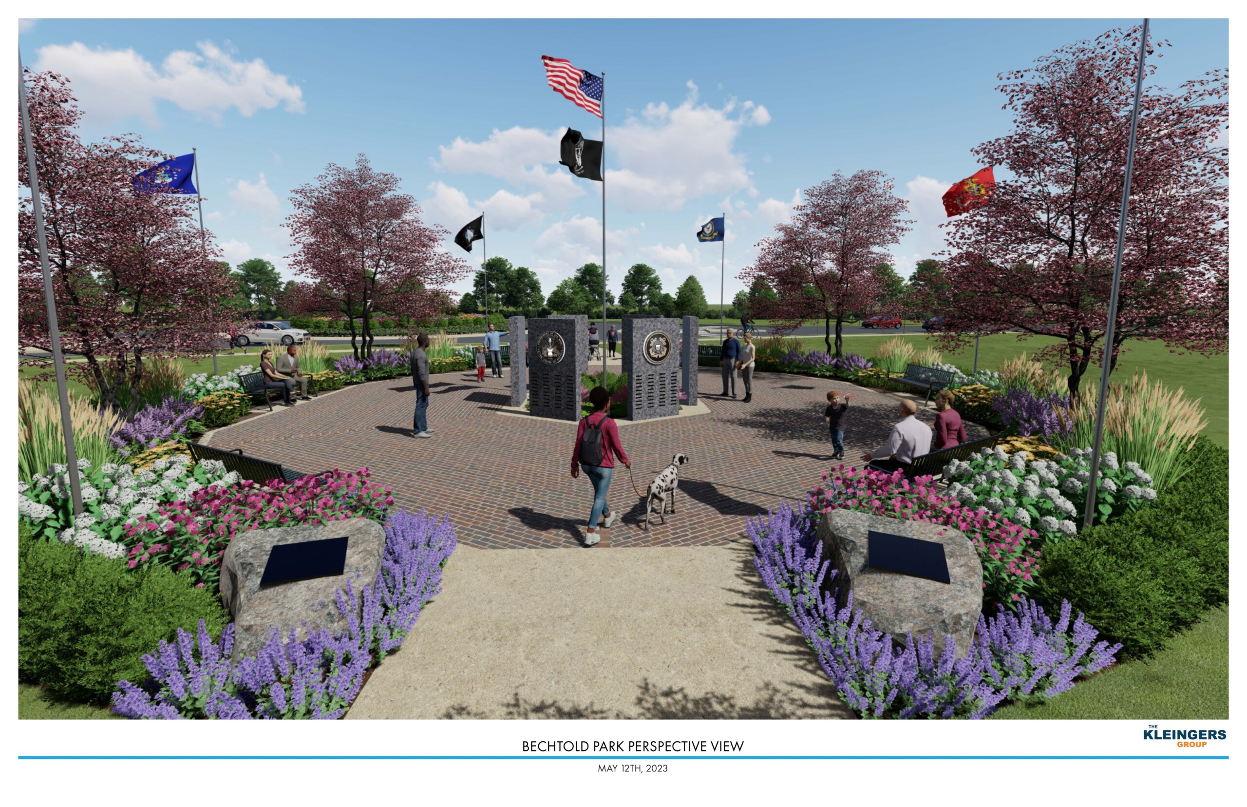 Veterans memorial rendering - flags with monuments in a circle surrounded by brick path and landscaping