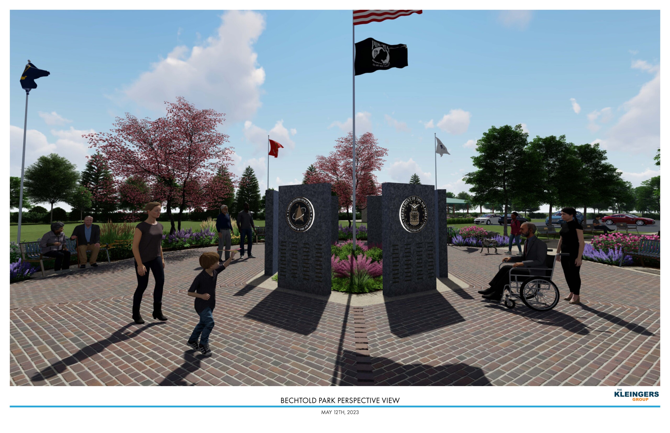 Veterans Memorial rendering with people walking by