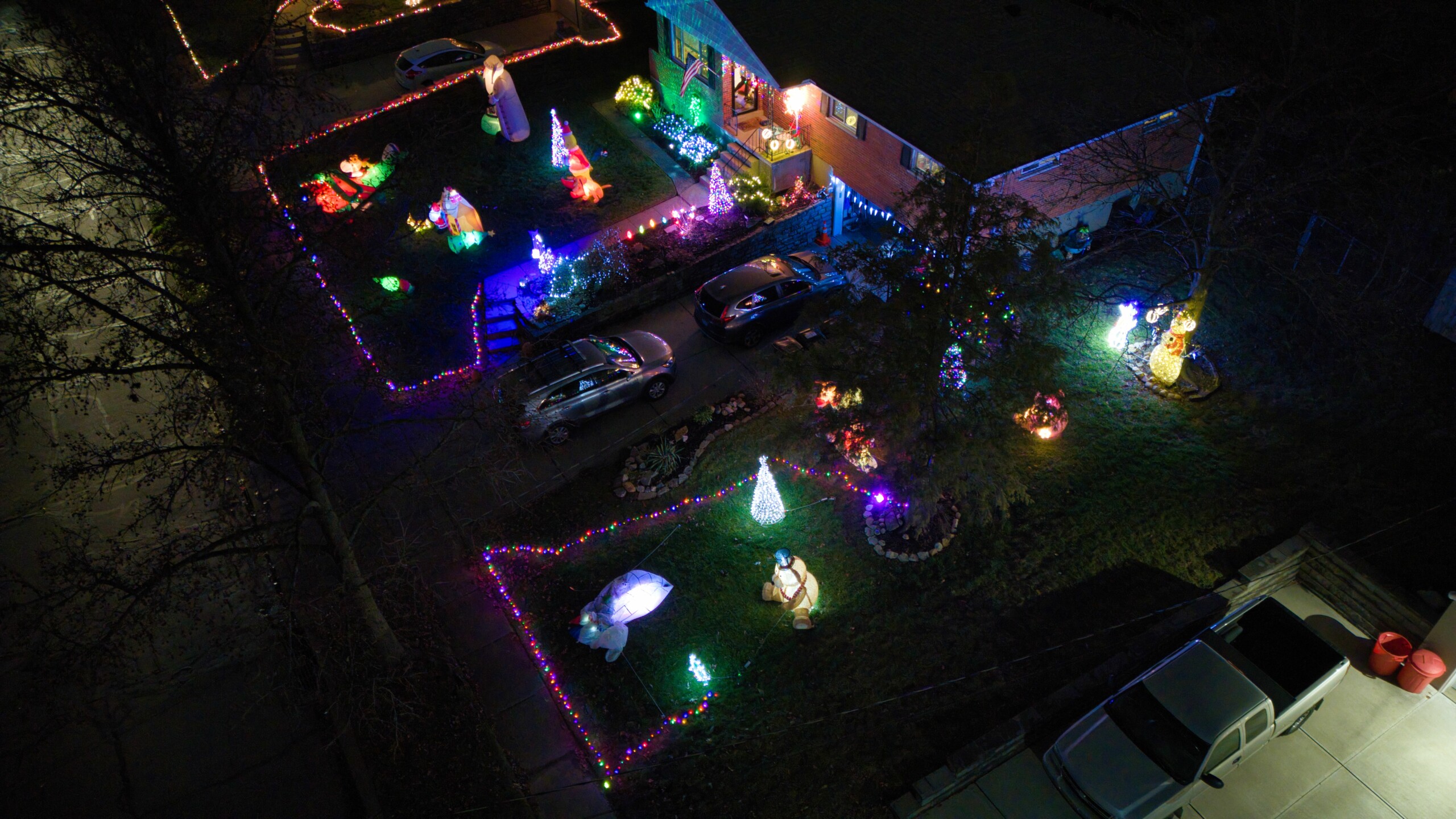 aerial view of Tramore drive with colorful holiday lights
