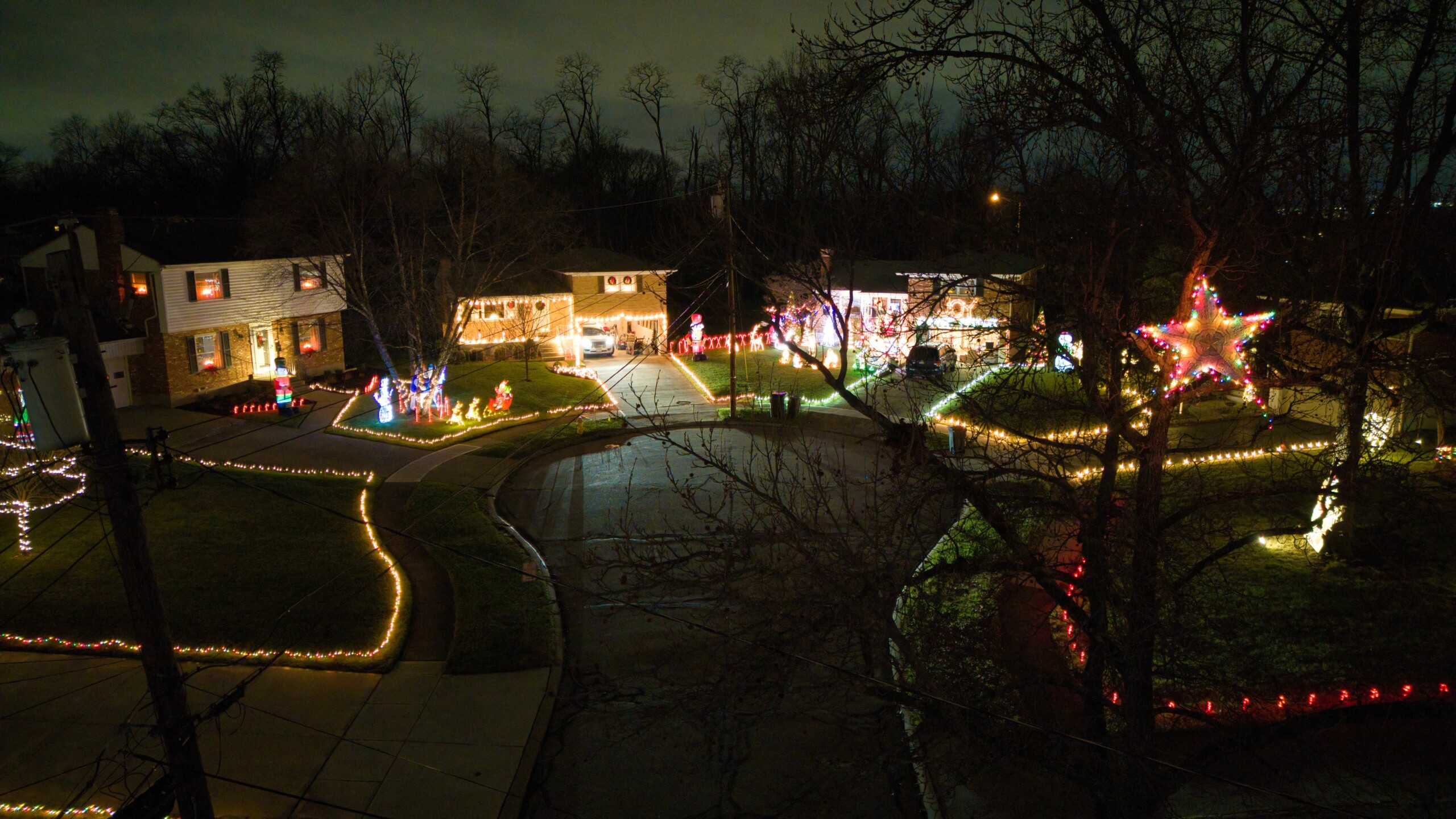 aerial view of Tramore drive cul de sac with colorful holiday lights