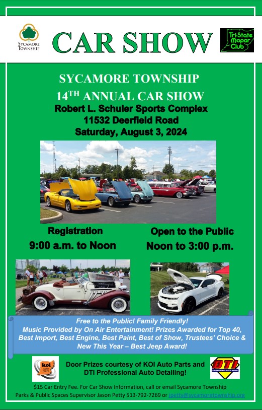 2024 car show flyer in green with photos of a line of cars and old fashioned cars