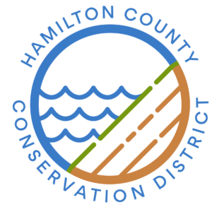 Hamilton County Conservation District Logo blue circle with blue waves and orang and green stripes