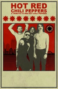 Graphic with red background showing Hot Red Chili Peppers four band members