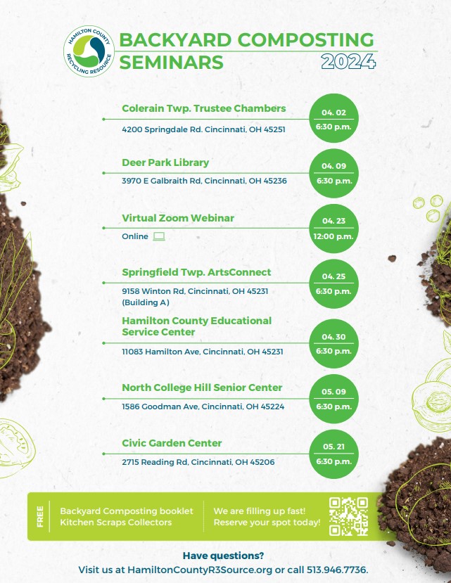 Backyard composting seminars flyer with list of dates
