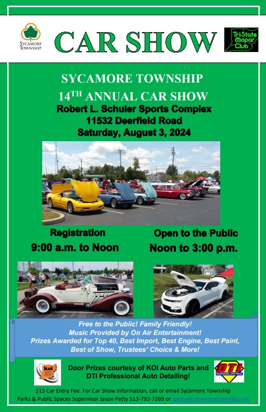 green flyer with photos of cars containing car show event details