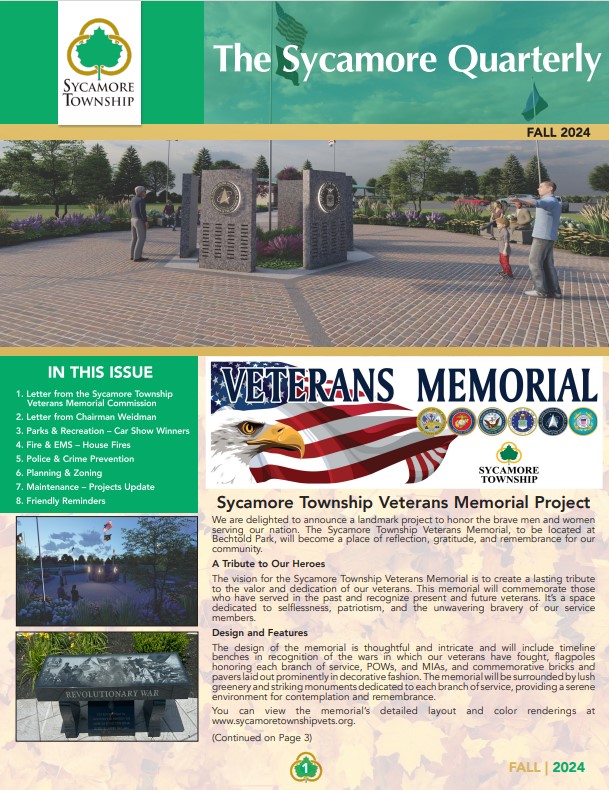 Fall newsletter cover with Veterans Memorial rendering