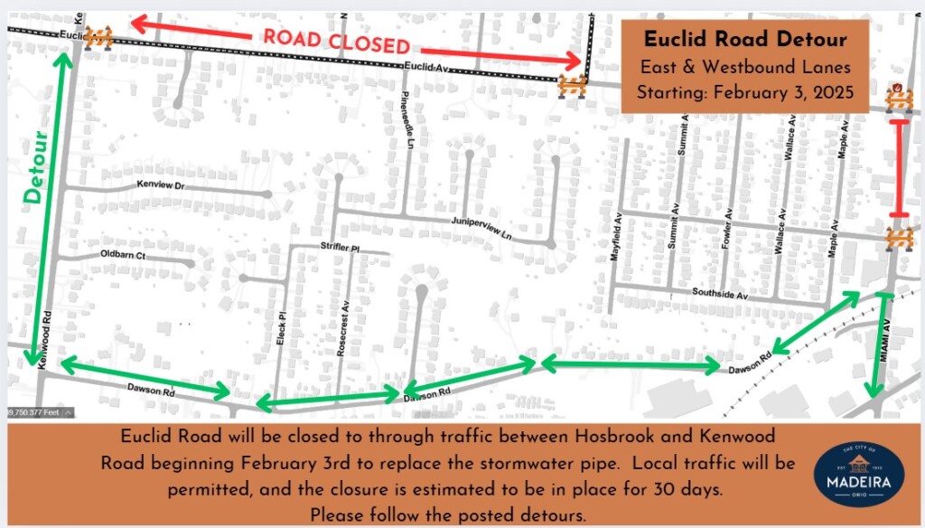 Map of Euclid Road Closure and detour