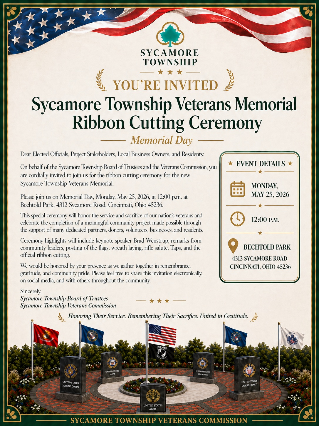 Sycamore Township Veterans Memorial Ribbon Cutting Flyer advertising Ribbon Cutting on May 25th at noon